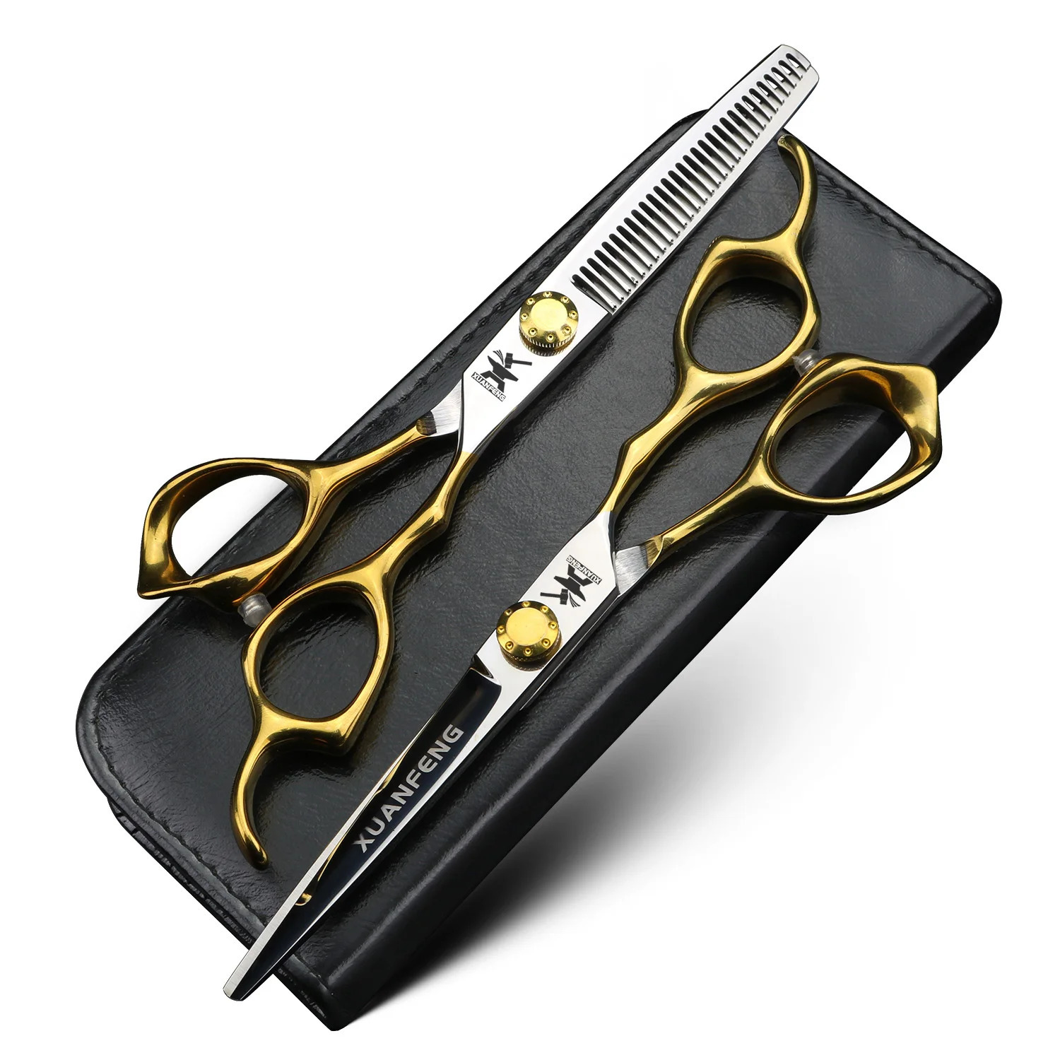 XUANFENG Gold Handle Hair Scissors 9cr18 Steel Gold Screws 6-inch Barber Cutting Scissors and Thinning Scissors Set 250414