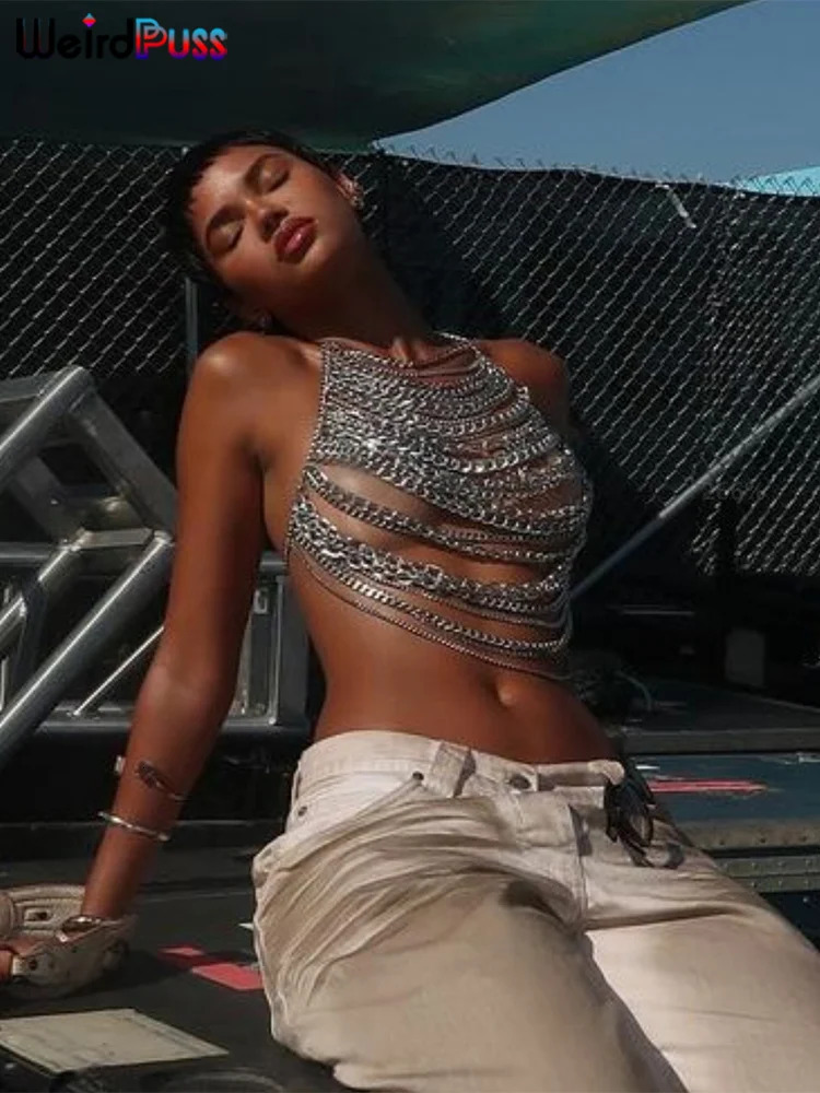 Weird Puss Hollow Chain Camisole Women Y2K Sexy Summer Coquette Backless Low-Neck Halter Midnight Clubwear Beach Vacation Vest 250415