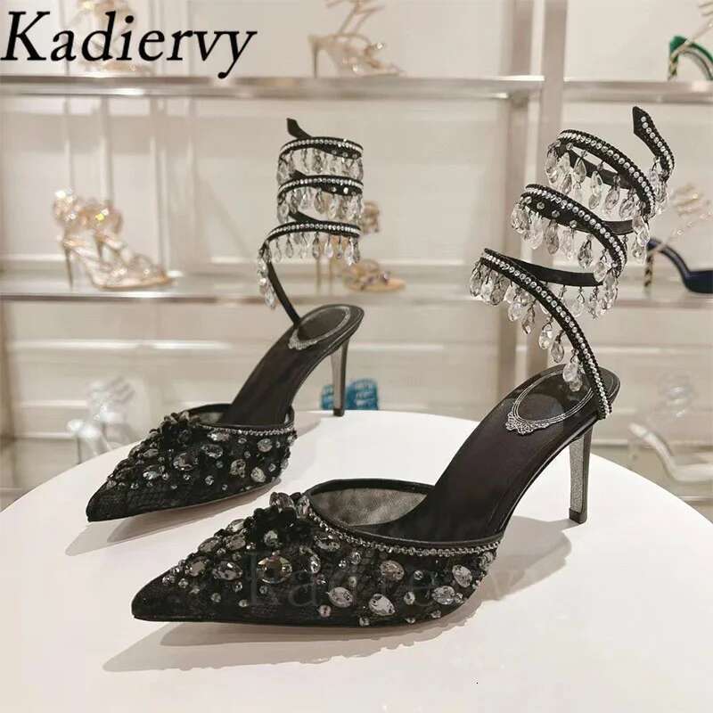 Summer High Heels Women Crystal Pendant Snake Twine Around Ankle Strap Party Shoes Pointed Toe Mesh Pumps Sandals Woman