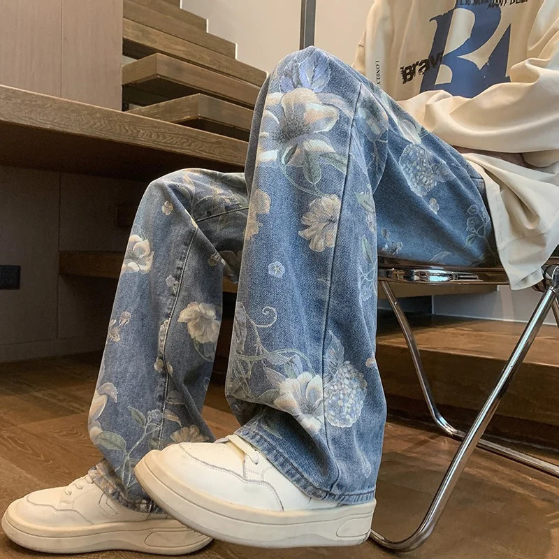 American Street Flower Printed Mens Jeans 2024 Y2K Retro Denim Trouser Hip Hop Fashion Wide Leg Pocket 250411