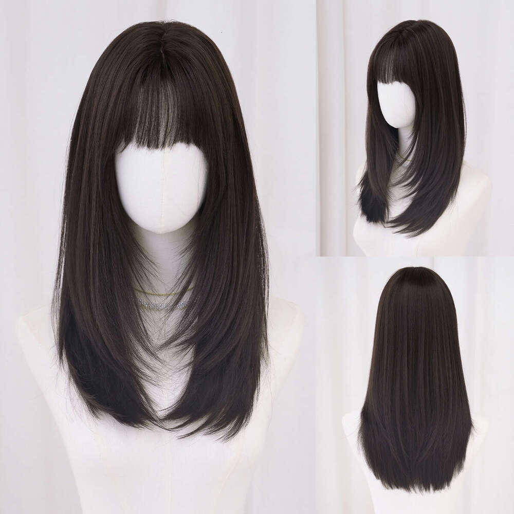 Women's Full Head Layered Black Tea Colored Wig with Air Bangs - Mid Length Straight Hair