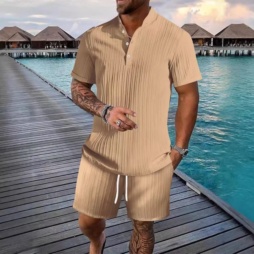 Summer fashion short sleeved casual mens set beach wear stand up collar shirt shorts 2-piece set