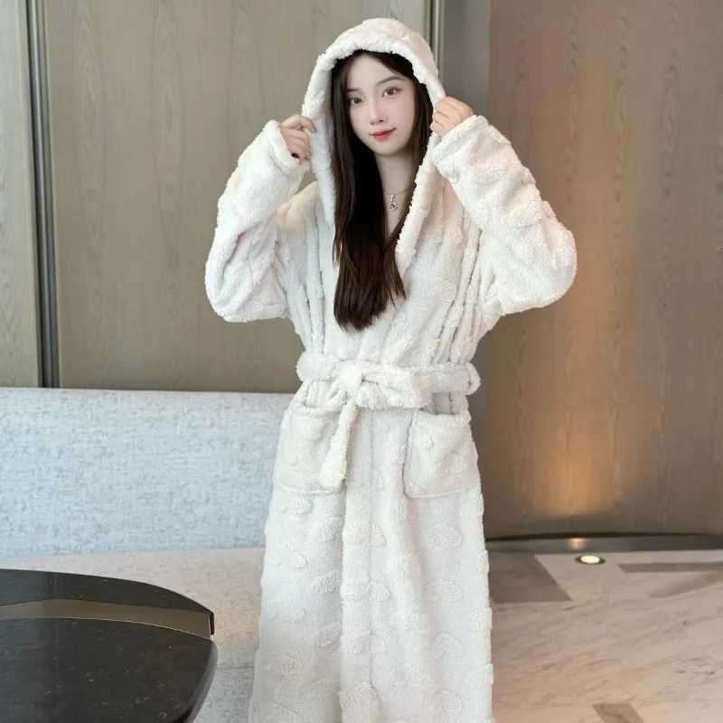 Belt Robe for Women Sleepwear Winter Nightdress Night Wear Warm Fleece Pajama Hooded One Piece Nightgown Solid Sleeping Homewear C251115