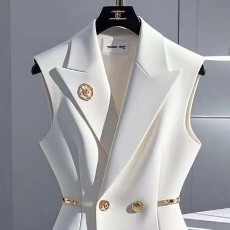 Small Fragrance White Suit Vest Coat Women Design Bright Light Decorate Slim Waist Double Breasted Waistcoats Spring 197H