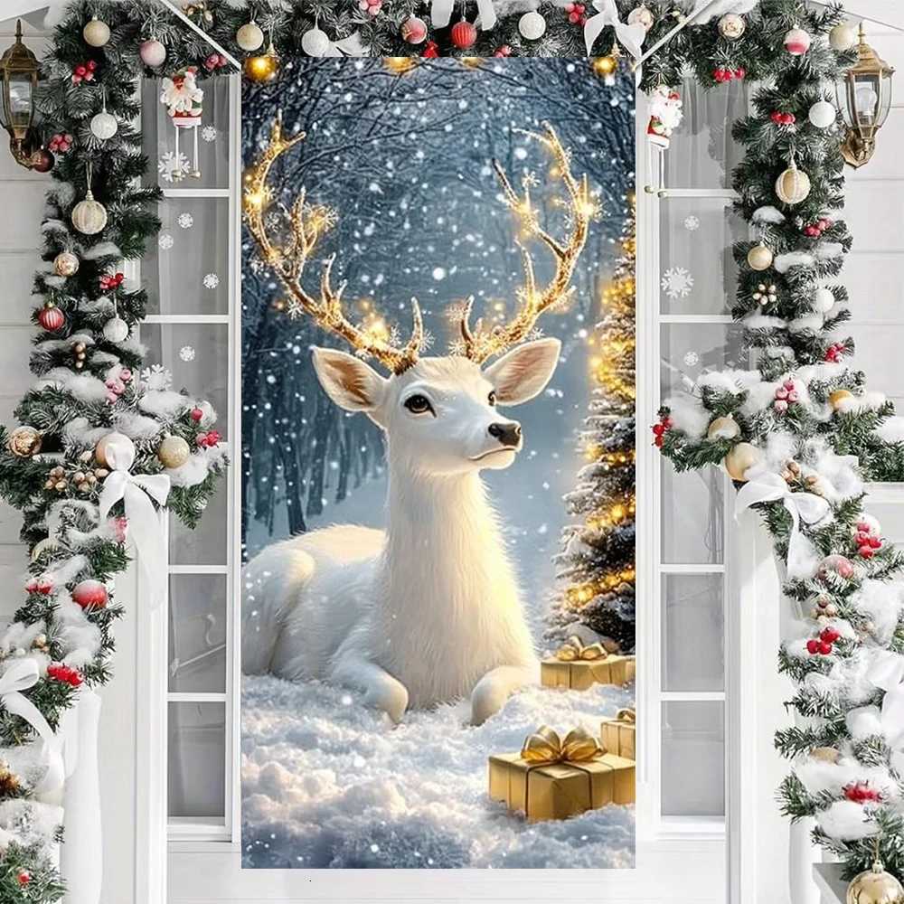 White Elk Snowy Scene Banner Xmas Door Cover Decoration Polyester Merry Christmas Winter New Year Holiday Photo Booth NavidadM251115