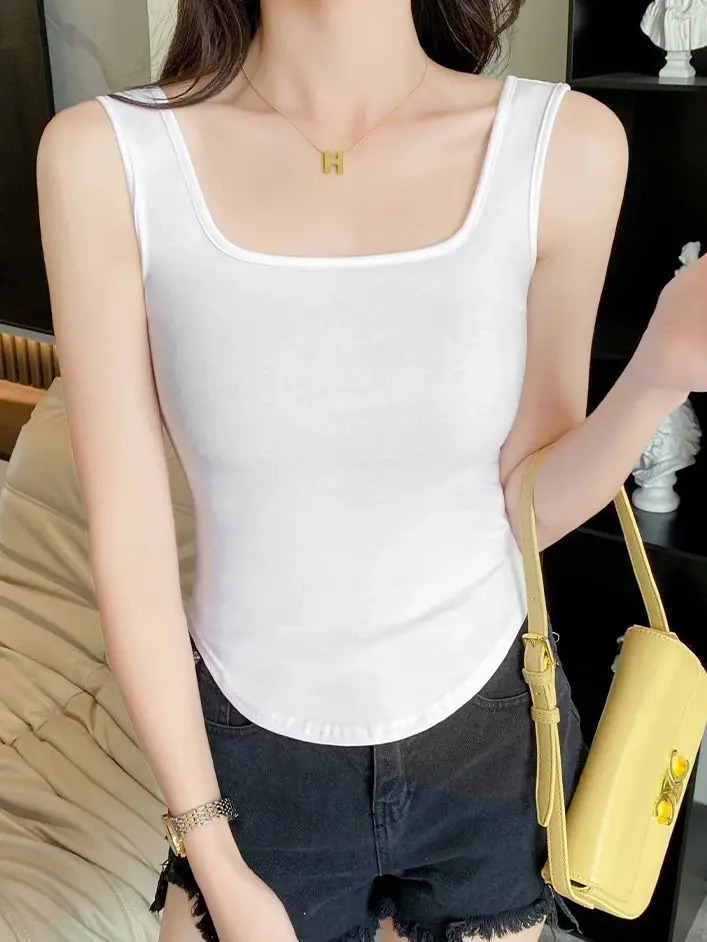 Cotton white square neckline floral Tshirt with curved hem ultrathin soft and breathable vest 250414Z