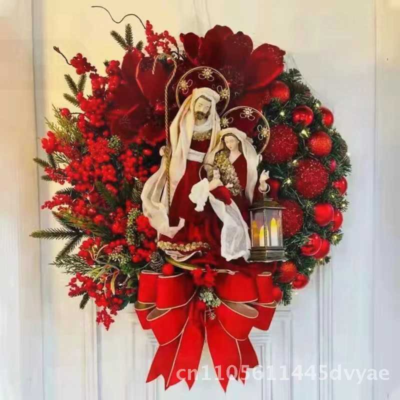 Christmas Holiday Decorations Jesus Oil Lamp Safflower Wreath Handcrafted American Style Door Hanging Plastic OrnamentM251115