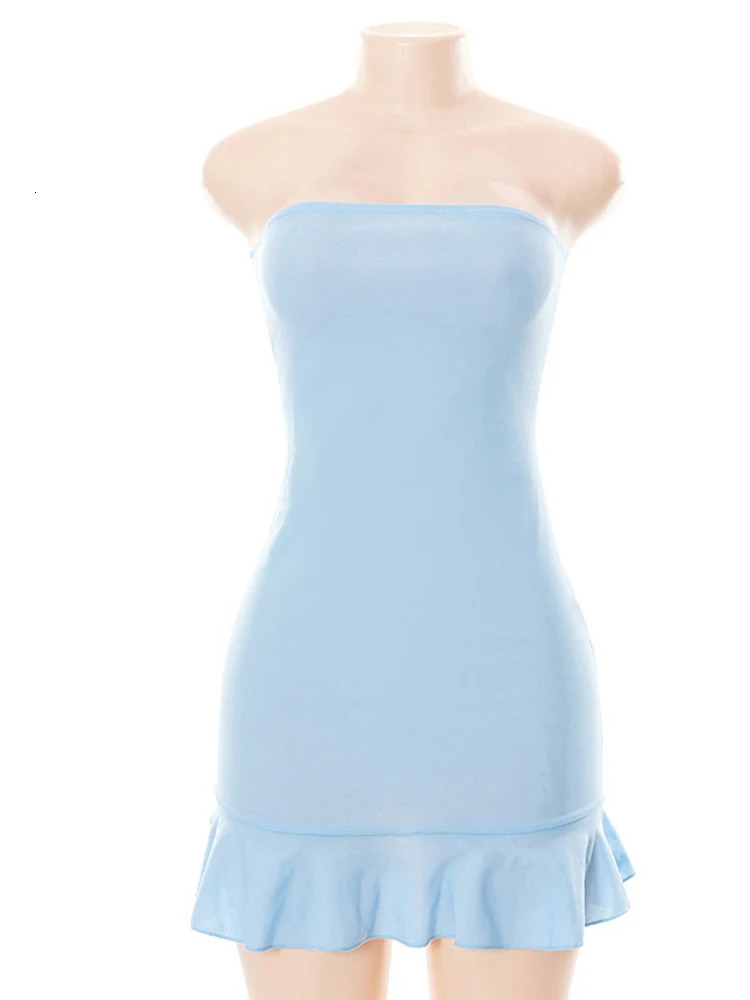 Womens Slight Blue Strapless Wrap Mini Dress Soft Tender Pleated Hipster Pullover Sexy Charm Outfit for s Date Wear 250415