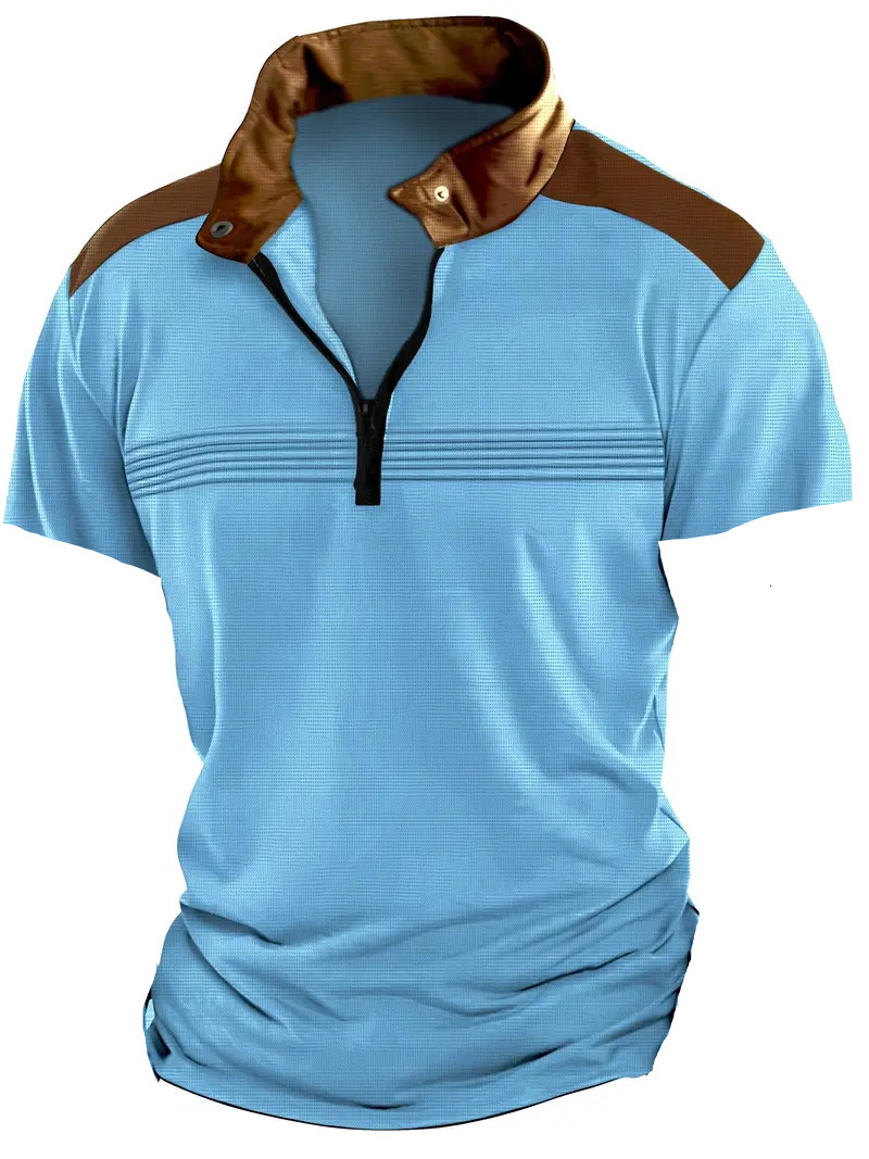 Summer new spliced wrinkled mens polo shirt with zipper and short sleeved sports polo shirt