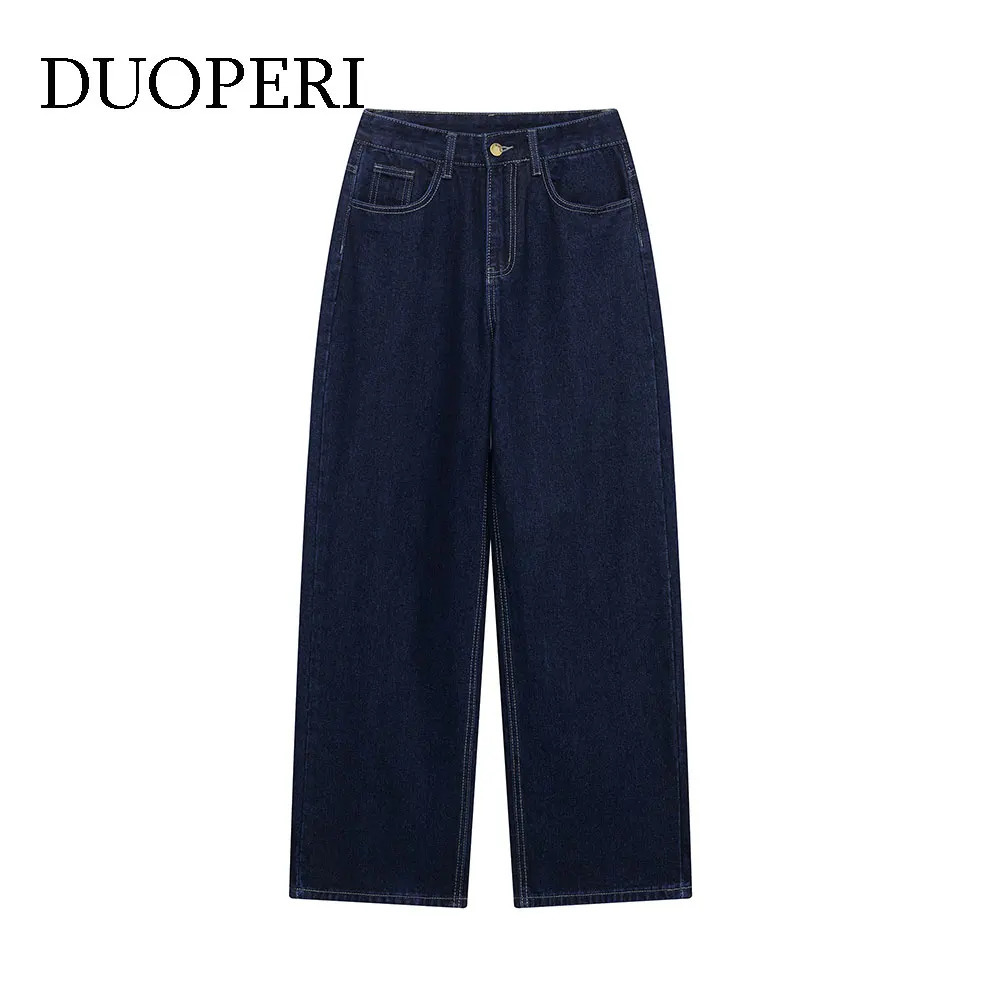 DUOPERI Womens Fashion Denim Navy Blue Straight Pants Retro Jeans High Waist Full Length Trousers 250414