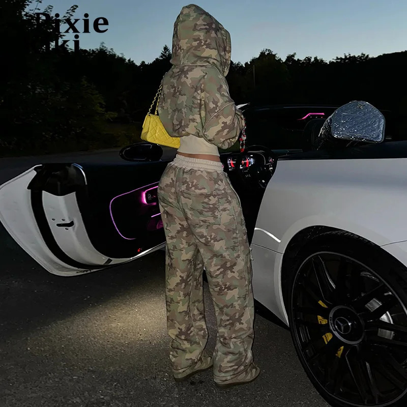 PixieKiki Two Piece Sets Camo Zip Up Hoodies and Sweatpants Fashion Tracksuit Women Y2k Street Wear Clothes P77-HH100 250410