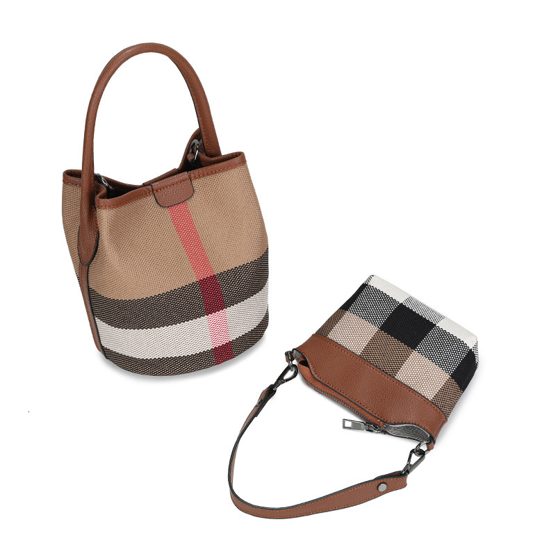 2025 New High-End Plaid Leather Bucket Baozi Mother Fashionable And Versatile Women's Bag, Hand-Held Single Shoulder Diagonal Cross Bag