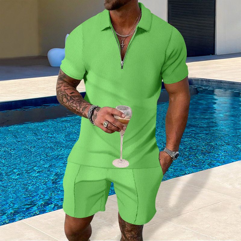 Summer suit light and casual solid color waffle lapel polo shirt men's half zip set