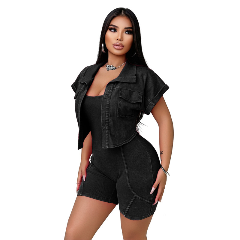 Womens Tracksuits Two Pieces Set Summer New Collection Washed And Worn Vest Jumpsuit Short Sleeved Jacket