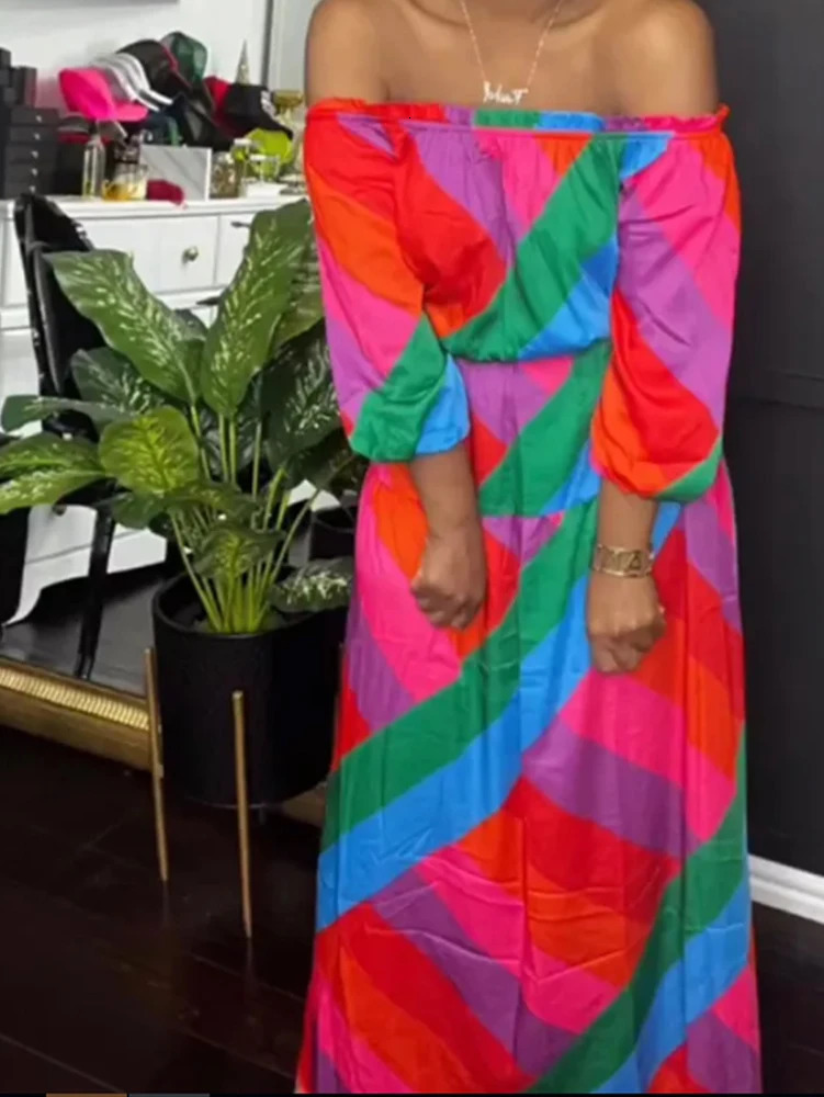 Large size womens 2025 summer sexy printed strapless long sleeved dress with colorful polyester on sale 250407