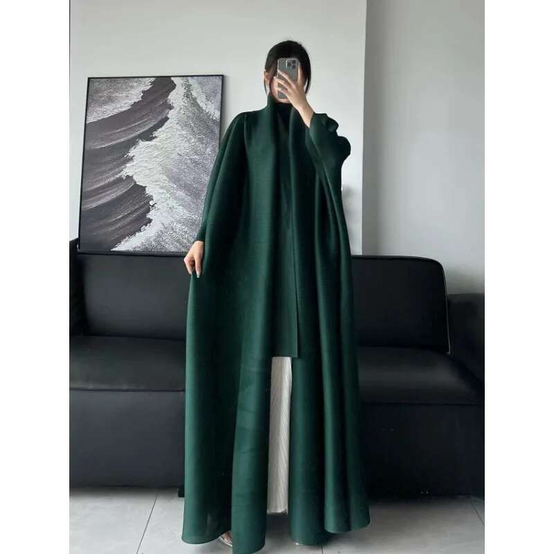 KAF Pleated Loose Large Size Women Trench Coat 2024 Spring And Fall New Lapel Long-Sleeved Cardigan Retro Design Jacket Abaya