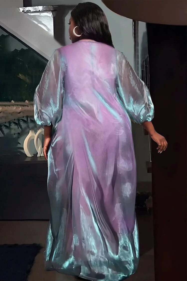 Plus Size Semi Formal Dress Green Glitter Long Sleeve V Neck Lantern Sleeve Maxi Dress Party Long Dress 250410