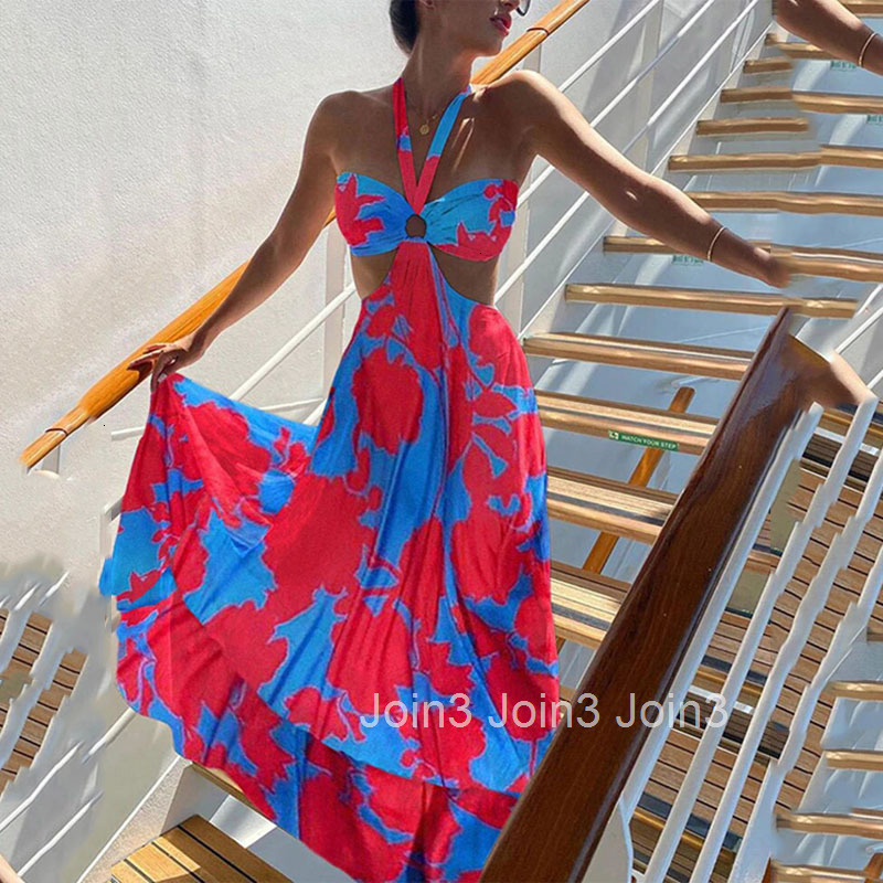 2025 New Suspender Two-color Dress Bohemian Dress Printed V-neck Sleeveless Dress