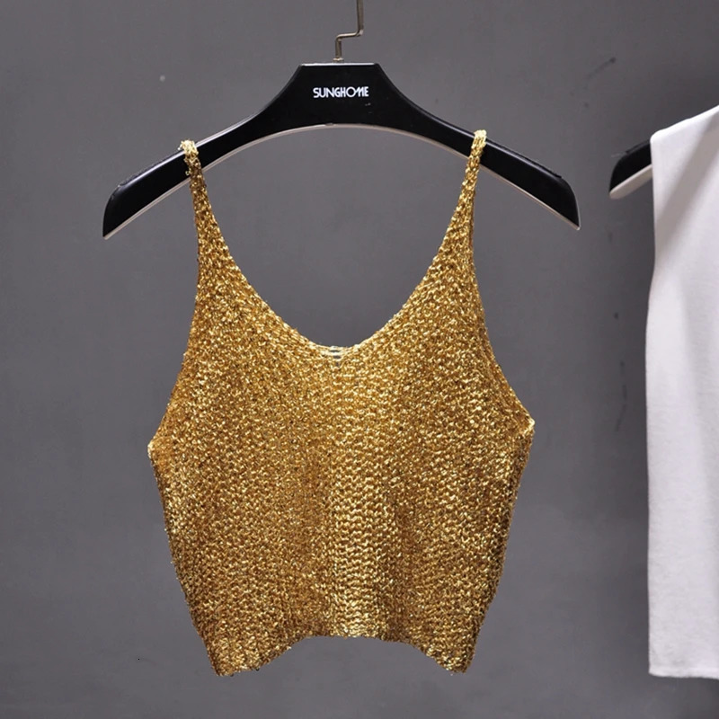 Sparkling Sequins Half Waist Render Knitwear Hollow-out Is Sexy Waist Condole Top Cropped Sexy Streetwear Woman Tops Summer 250415