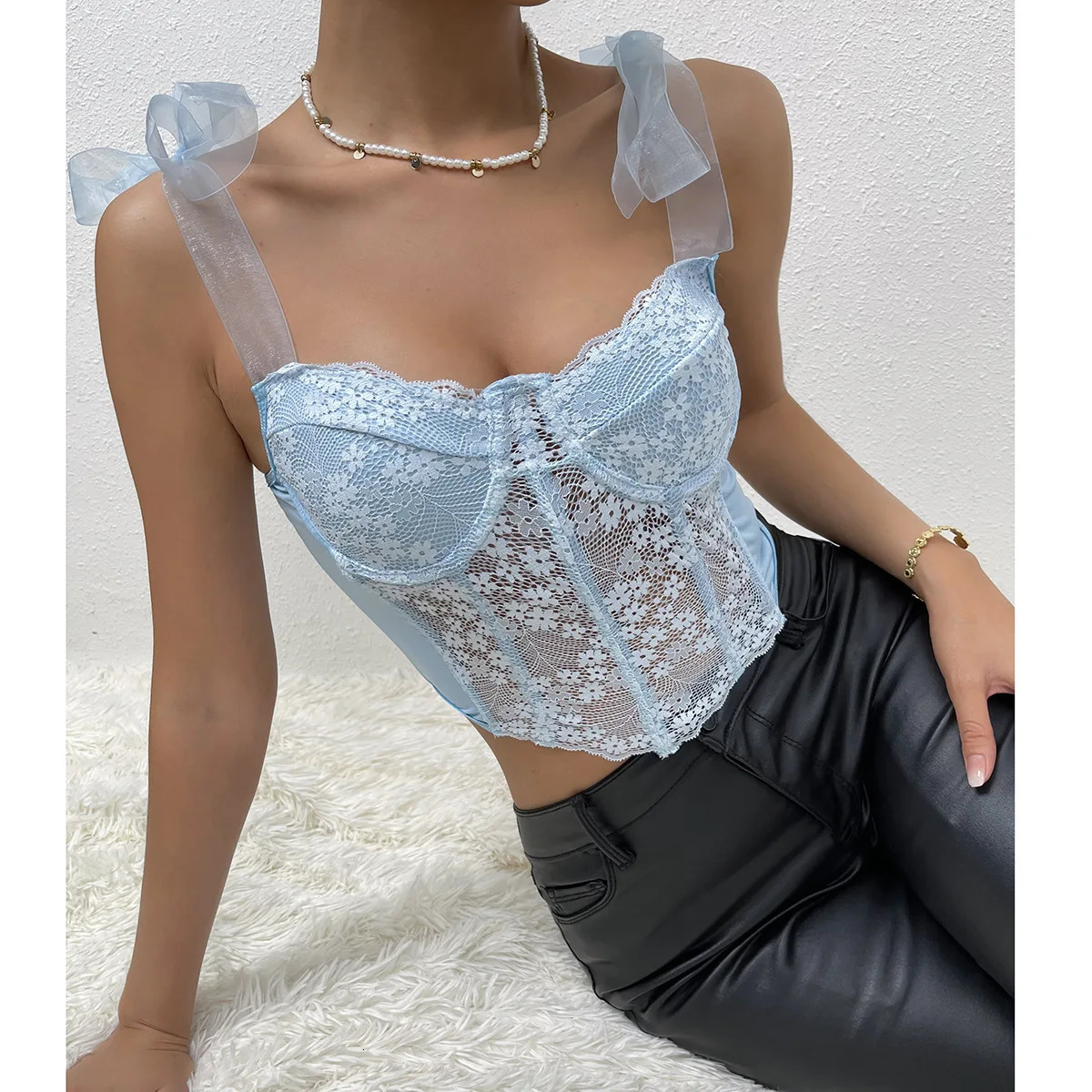 Lace Bow Ribbon Floral Mesh Hollowing Corset Rhomboid Fishbone Crop Tops Korean Sweet Style Sexy Camisoles for Party Vacation 250415