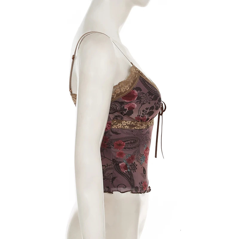 SUCHCUTE Retro Printed Mesh Camisol Fairycore Lace Up Vneck Crop Top Y2K Aesthetics 2000s Summer Slim 250414Z