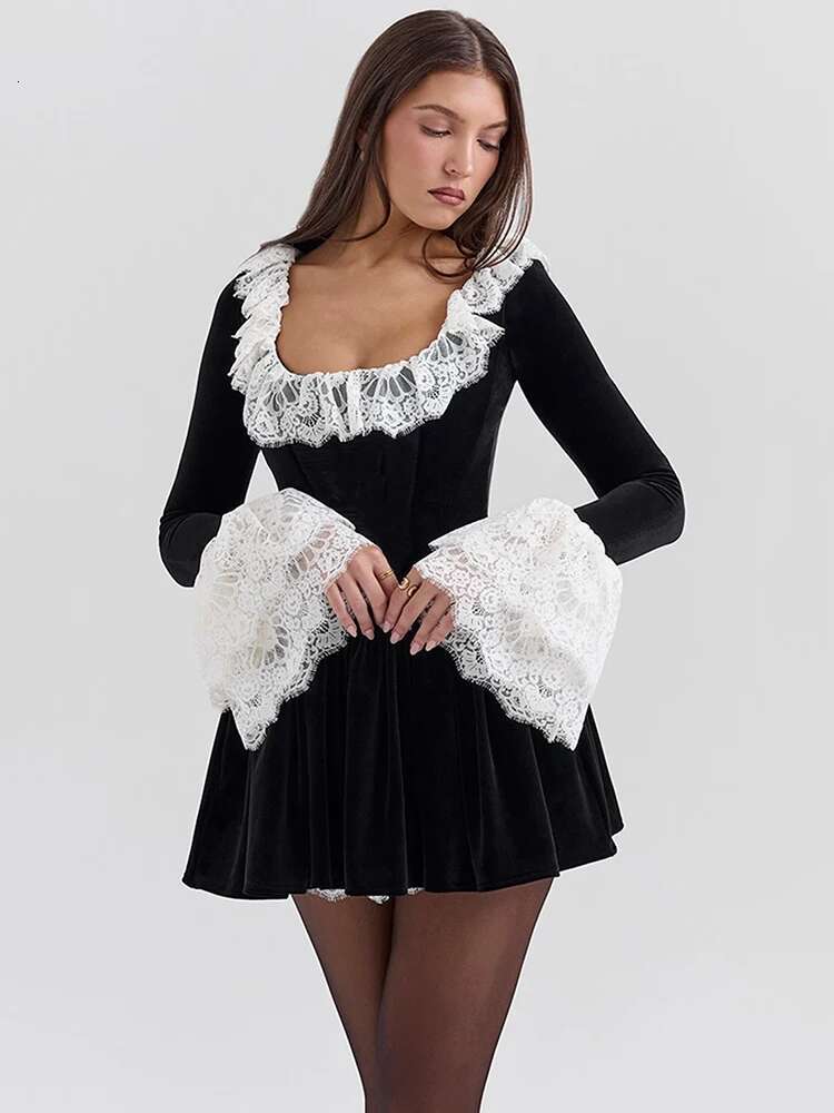 Mozision Lace Flare Long Sleeve Sexy Mini Women Black Fashion Square Collar High Waist Pleated Club Party Dress Elegant