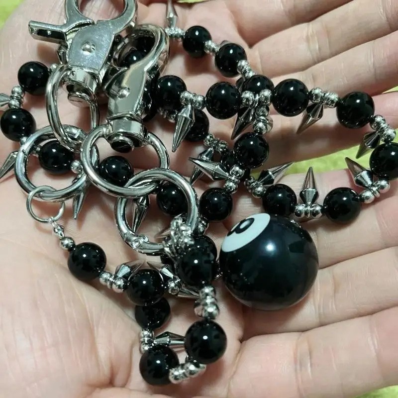 Original handmade denim pants chain exquisite high-end ultra bright black agate stone punk style keychain pendant 250414