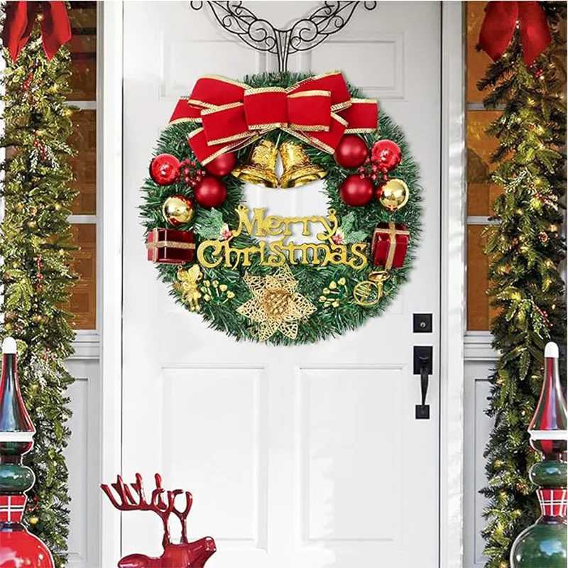 Christmas Wreath Front Door Hanging Ornaments Artificial Wreath Bell Gift Box Bow Stars for Christmas Tree Home Windows DecorM251115