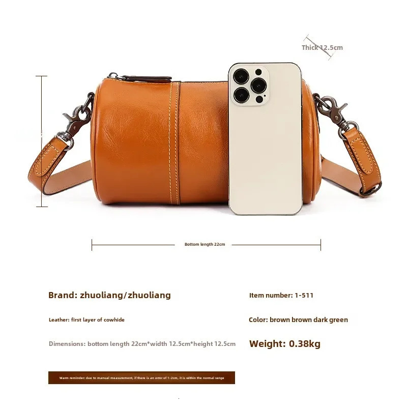 Shoulder bag cylindrical womens bag cow leather cross body large capacity retro ethnic style column bag 250410