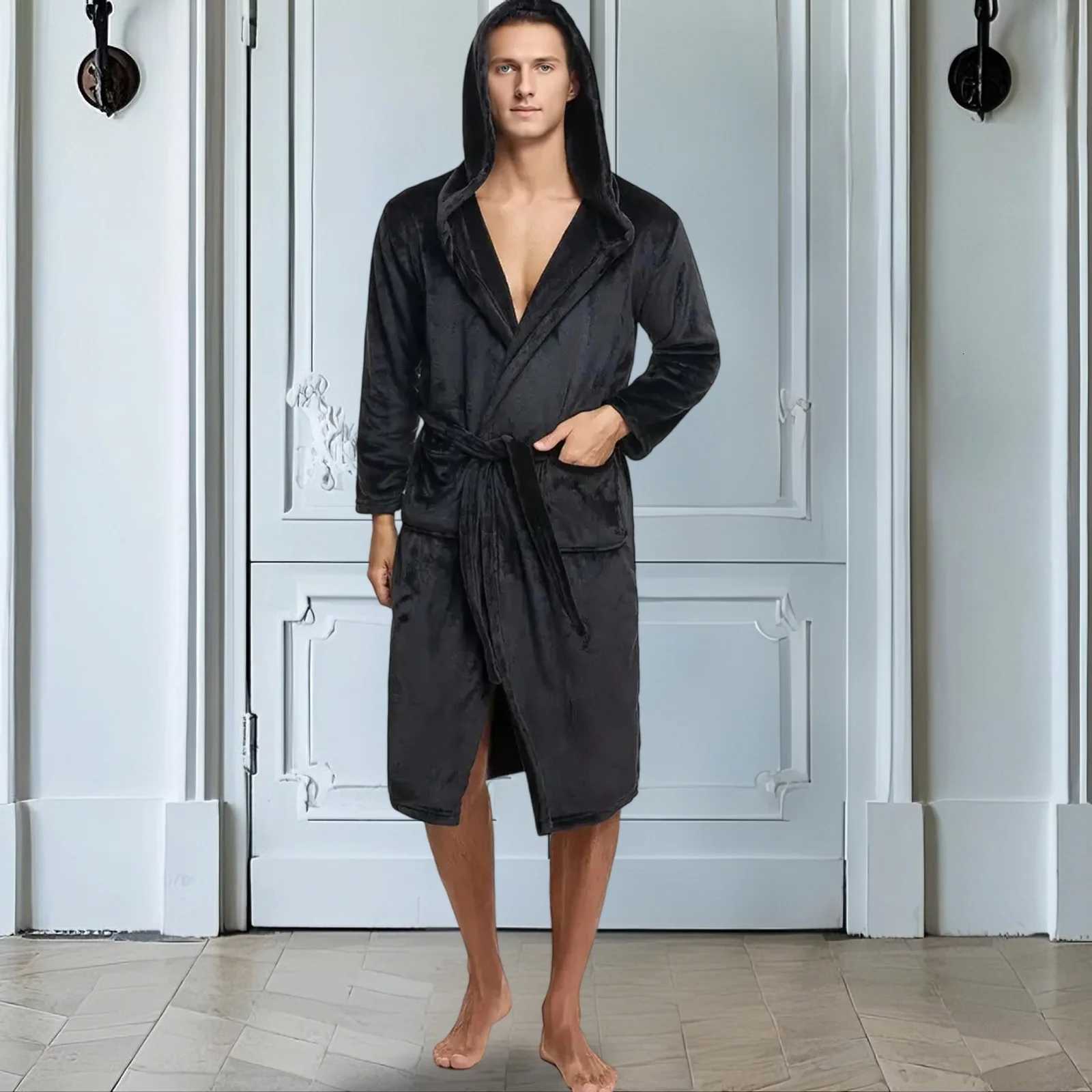Mens Plush Fleece Hooded Robe Soft Warm Long Bathrobe with Pockets Cozy Spa Shower Robe C251115