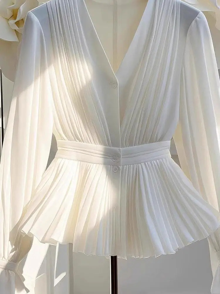 Youth Elegant Pleated White Long Sleeve Button Up Shirt Women V Neck Ruffle Tunic Basic Blouse Chiffon Lady Office Casual 250415