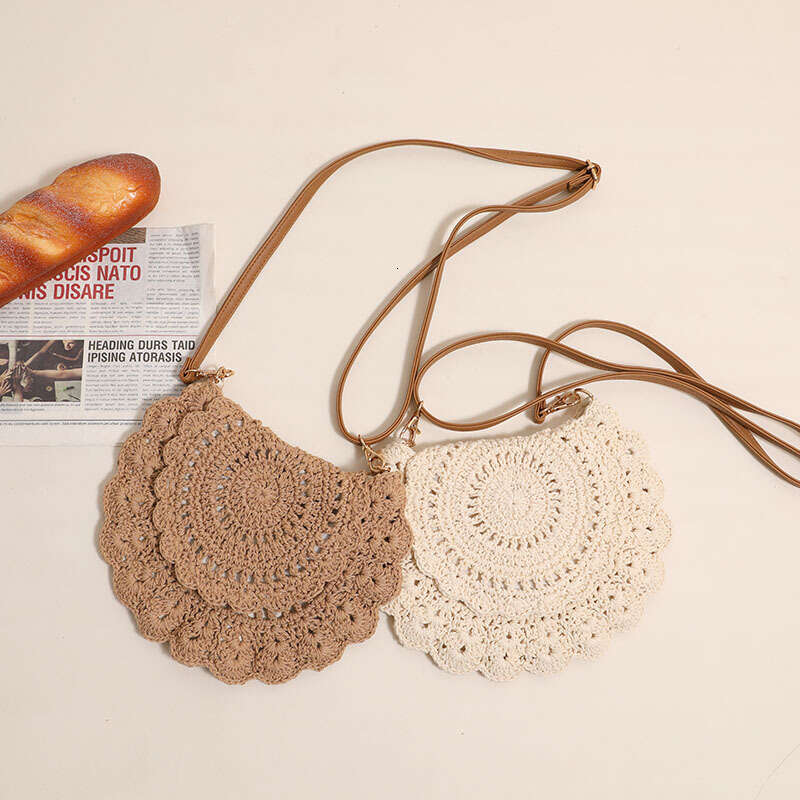 Handmade Beach Bag Lace Crossbody Cotton Thread Hollowed Out One Shoulder Grass Woven Vacation Style Beach Bag, Versatile Women's Bag Kq2