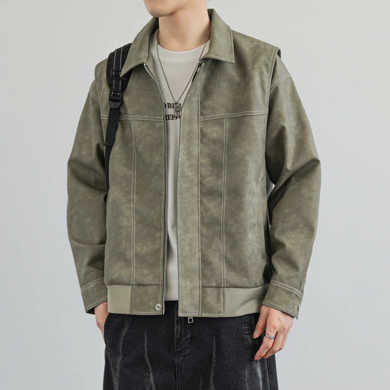 PFHQ American Style Lapel PU Leather Jacket Mens Solid Color Long Sleeve Trun-down Collar Streetwear Male Tops 21Z6039 250409