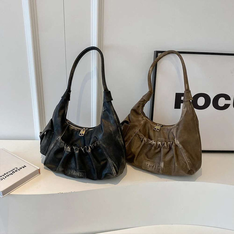 Women Retro PU Leather Armpit Zipper Closure Simple Shoulder Purse Girls Outdoor Daily Street Tote Bag