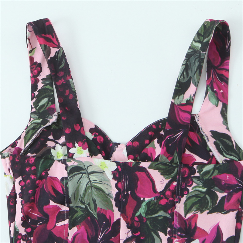 2025 Summer New Women's Wave Style Wide Swing Flower Printed Dress with strapless and backless Zipper Decoration