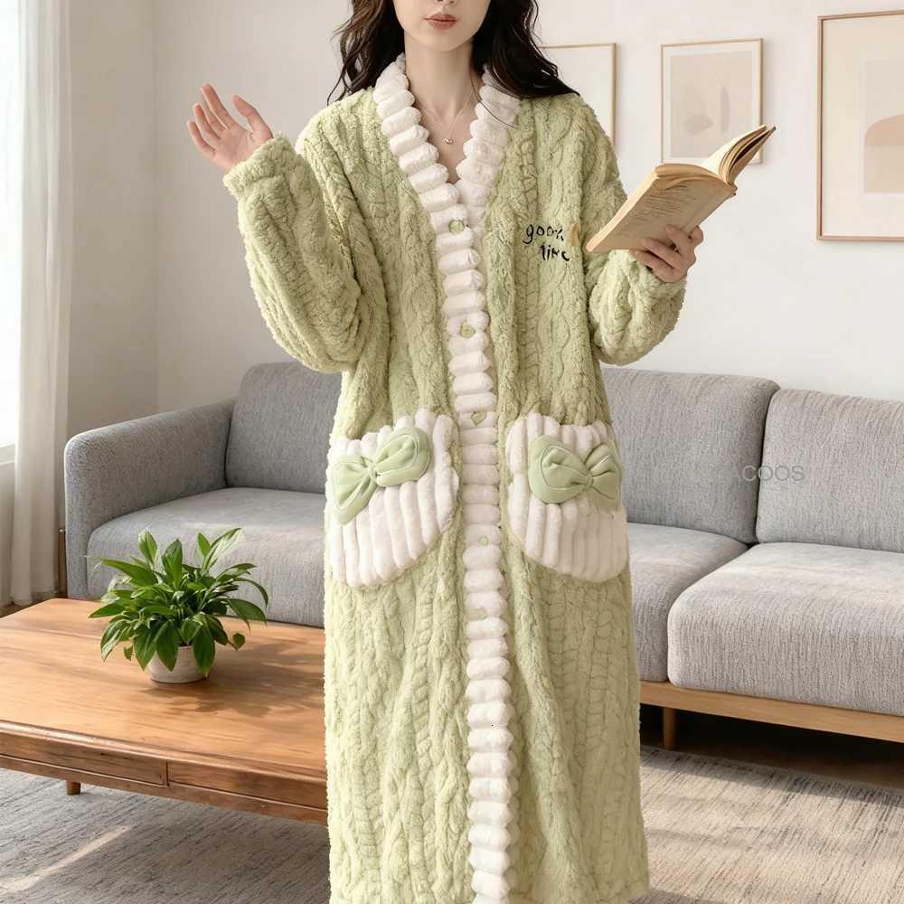 New Cute Nightgowns Warm Bathrobes for Women Pajamas Thick Coral Velvet Bowknot Soft Sleepwear Korean Girls Flannel Long Robe C251115