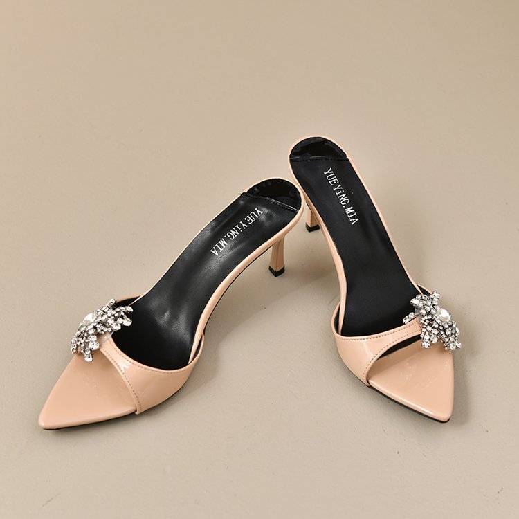 Free shipping women's summer 2025 new fashion foreign trade large size pointed thin high heels slippers women wear a line diamond sandals
