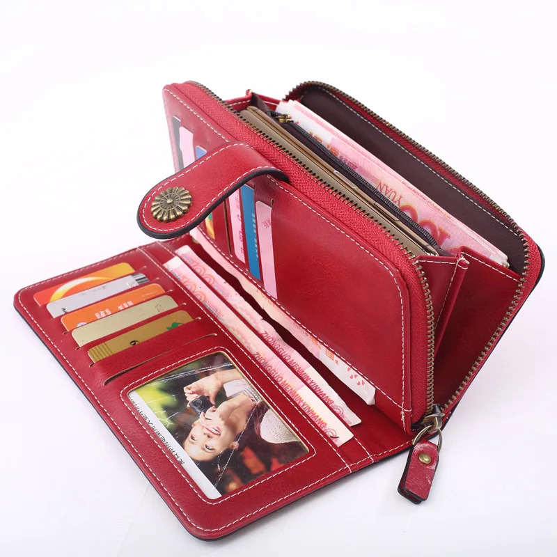 Fashionable hollow coin wallet suitable for womens oily leather phone bags long zipper handbags coin bags and three fold womens wallets 250410