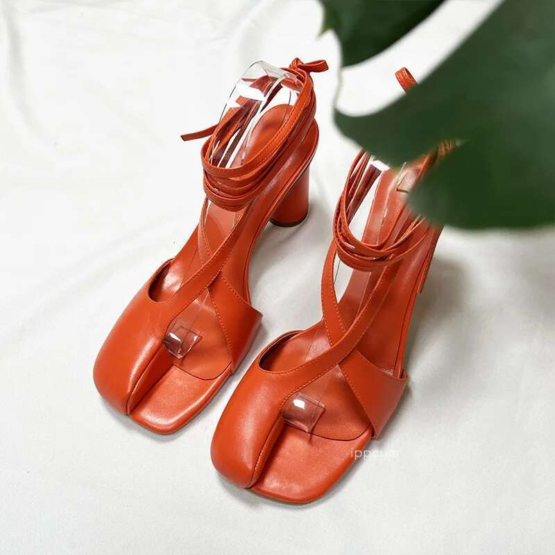 IPPEUM Split Toe Sandals Women Plus Size 43 Orange High Heels Ankle Straps Shoes 2024 Sandalias De Mujer