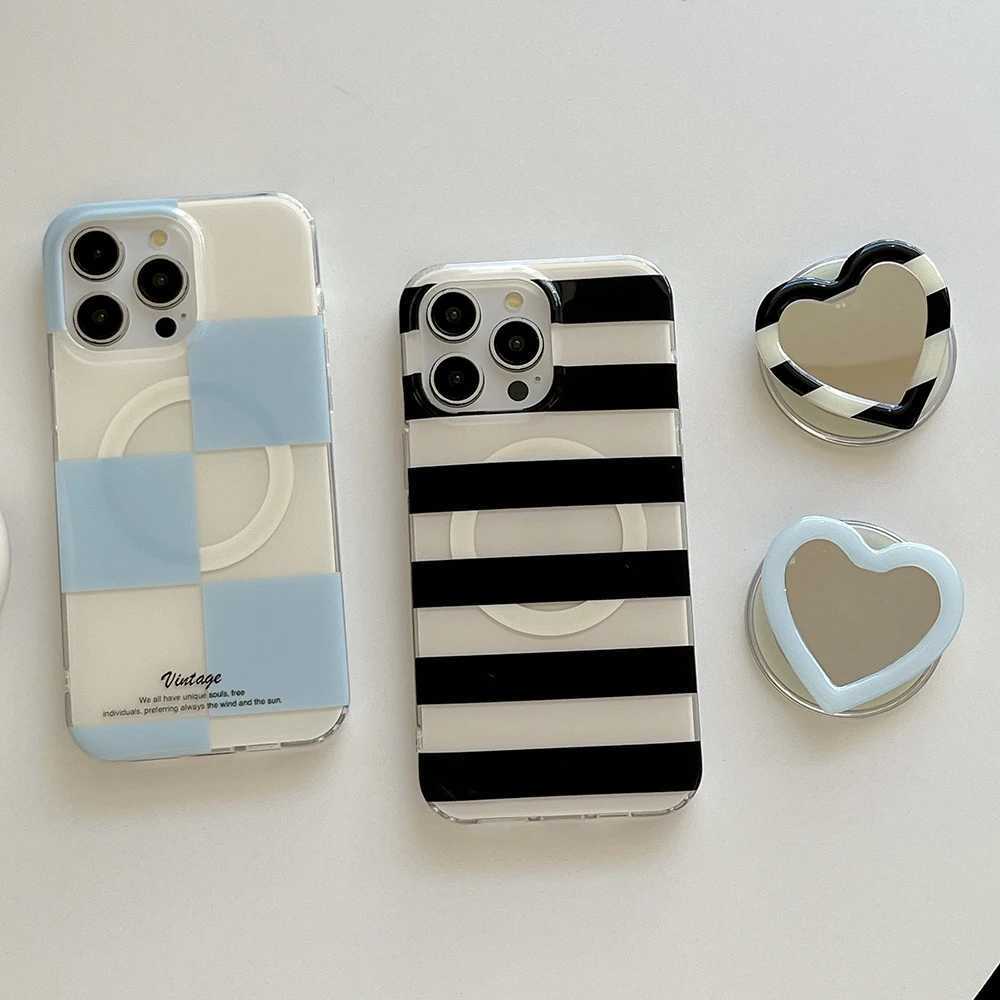 3D Cute Striped Black for Magnetic Holder Phone Case for iPhone 17 16 15 14 Pro Max 13 Mirror Back Cover for Women Girl J251202