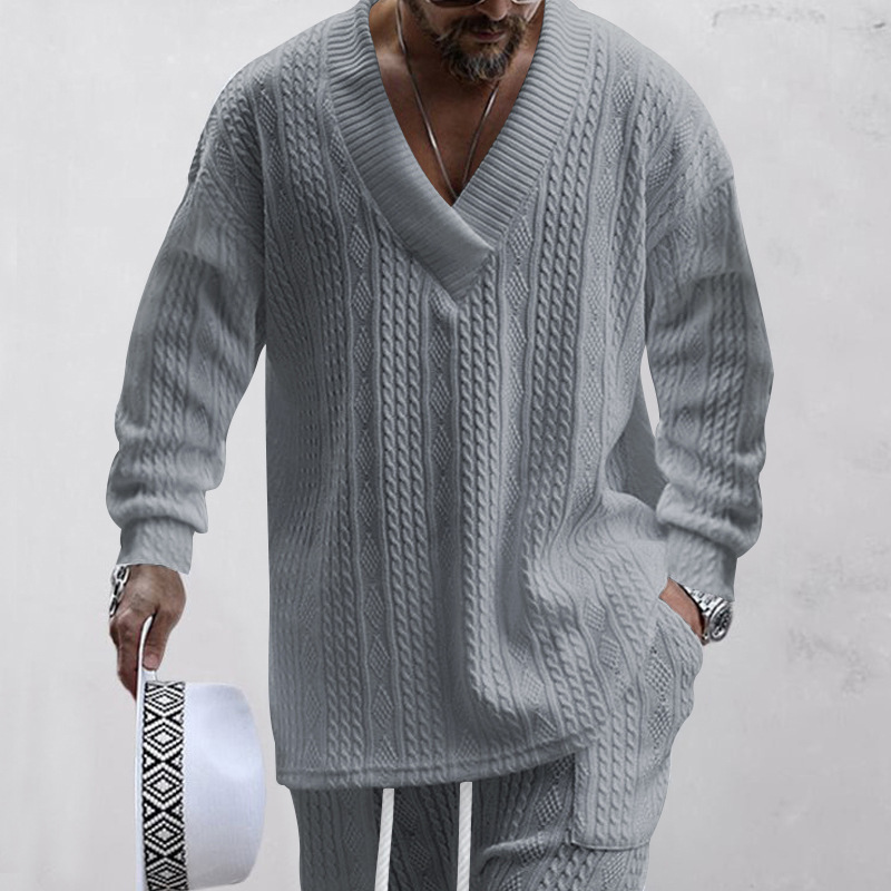 2025 Autumn/Winter New Men's Jacquard Loose Solid Color Casual V-neck Long Sleeve Knitted Shirt