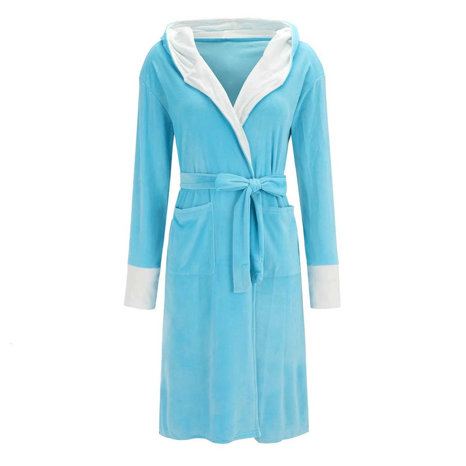 Womens Solid Color Winter Flannel Bathrobe Long-Length Pajama et With Pocket Thick Loungewear Robe Belt Homewear Bathrobe C251115
