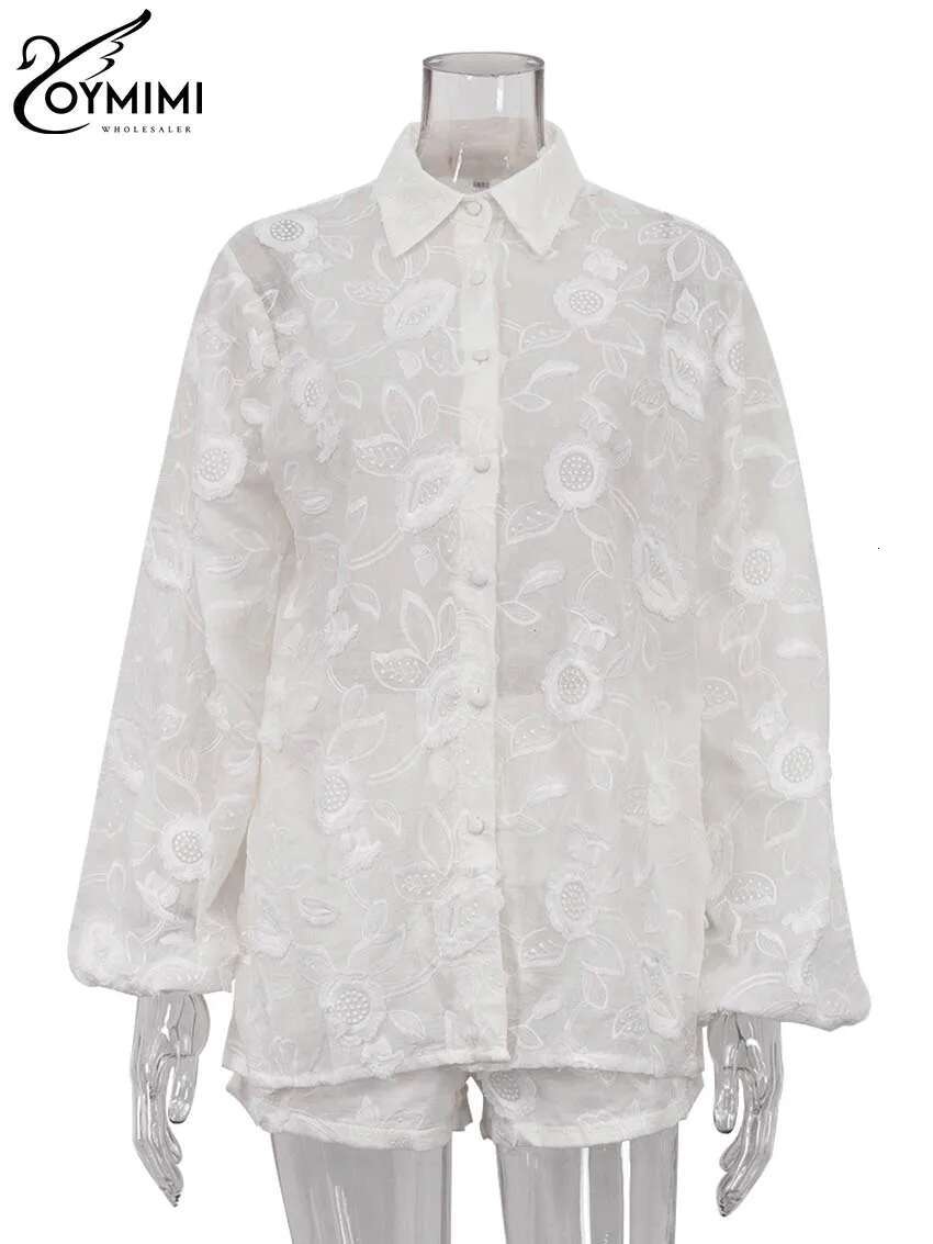Oymimi Summer White Cotton 2 Piece Sets Women Outfit Casual Jacquard Button Wrist Sleeve Shirts And High Waist Shorts Female Set
