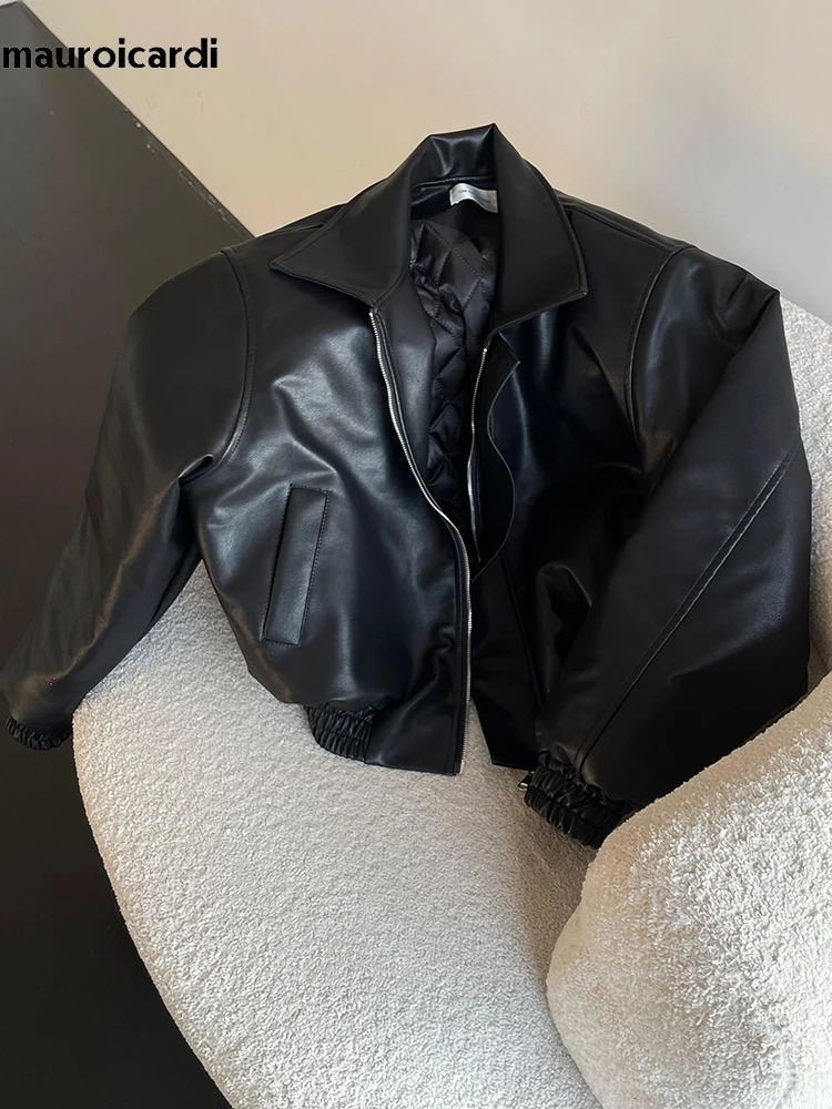 Mauroicardi Spring Autumn Cool Oversized Short Black Soft Pu Leather Jacket Men Zipper er American Vintage Clothes 250409