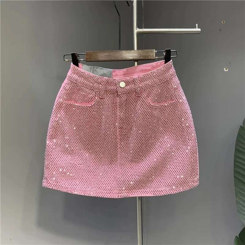 Heavy Industry Hot Drilg High-End Denim 2024 Spring And Summer New High Waist Pink Sexy A-Word Skirt