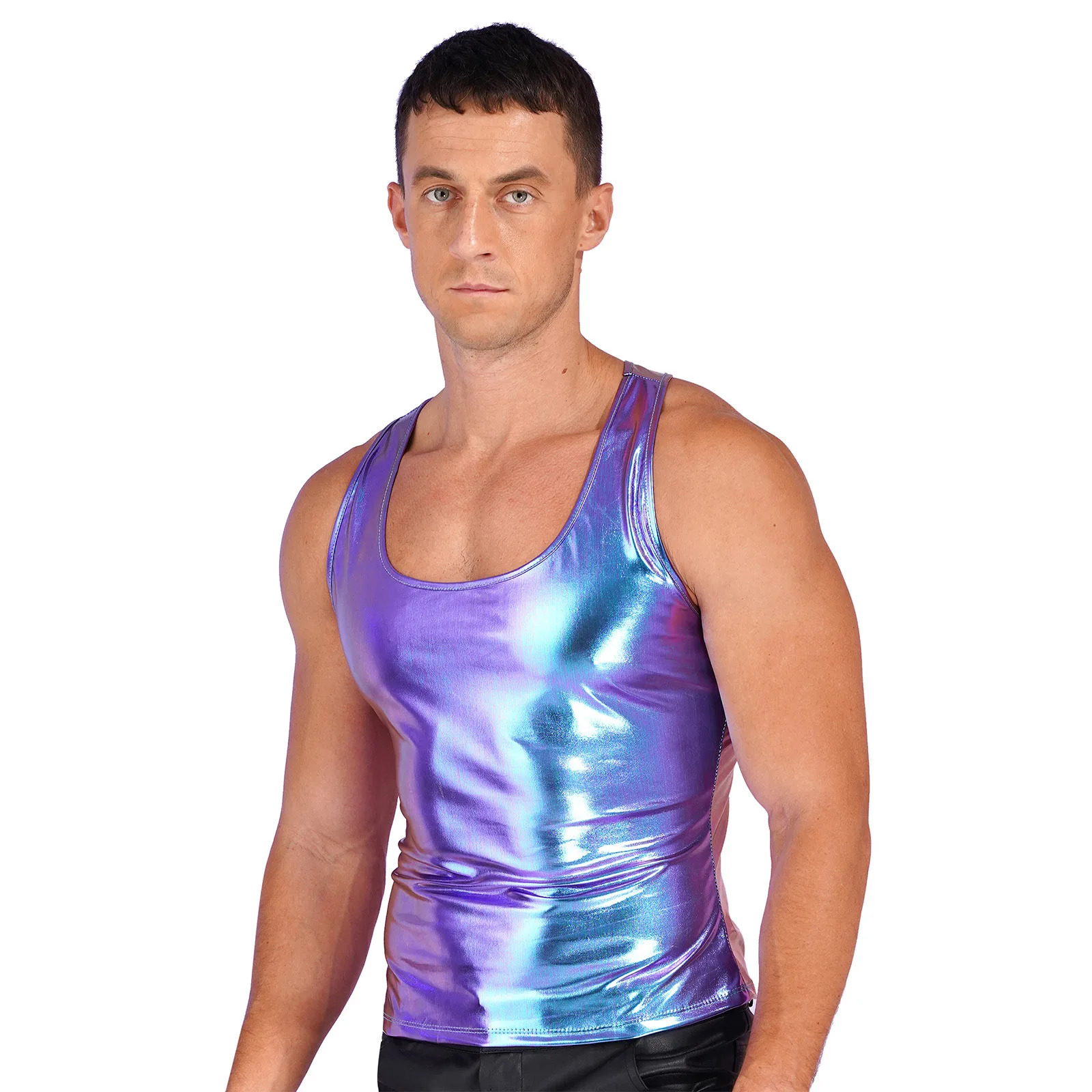 Shiny metal vest mens sports fitness tank fashion top sleeveless Tshirt single piece underwear 250407