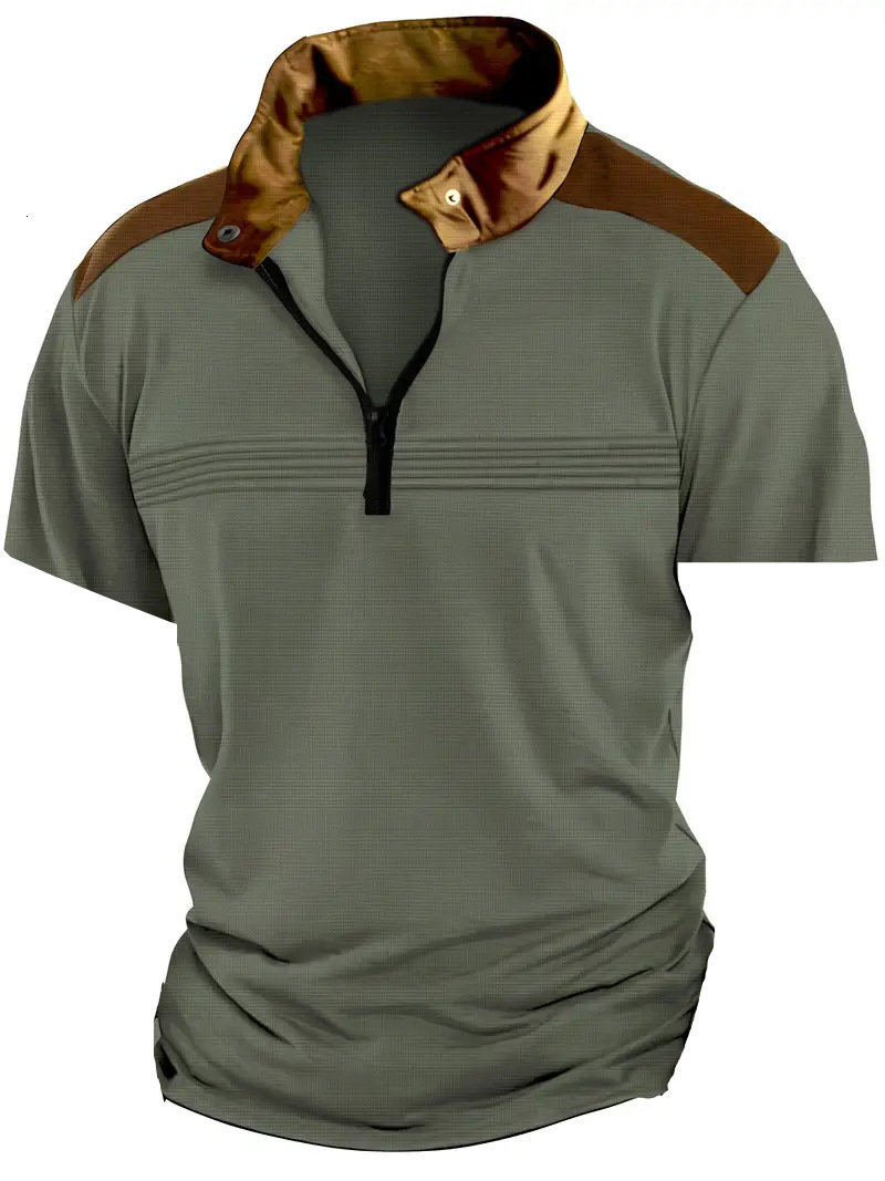 New spliced chest fold mens polo shirt with zipper and short sleeved sports polo shirt