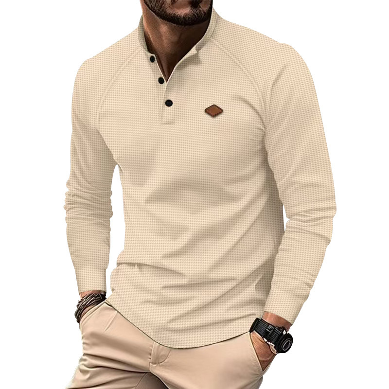 2025 Spring/Autumn Men's Casual Stand Collar Waffle Long Sleeve Button Slimming Henley Shirt