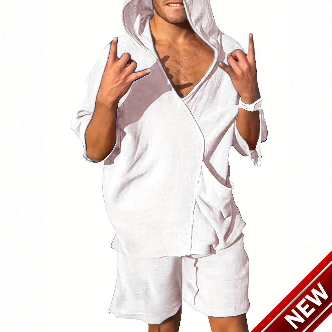 Summer mens V-neck fashionable casual short sleeved hooded loose solid color breathable shorts beach set