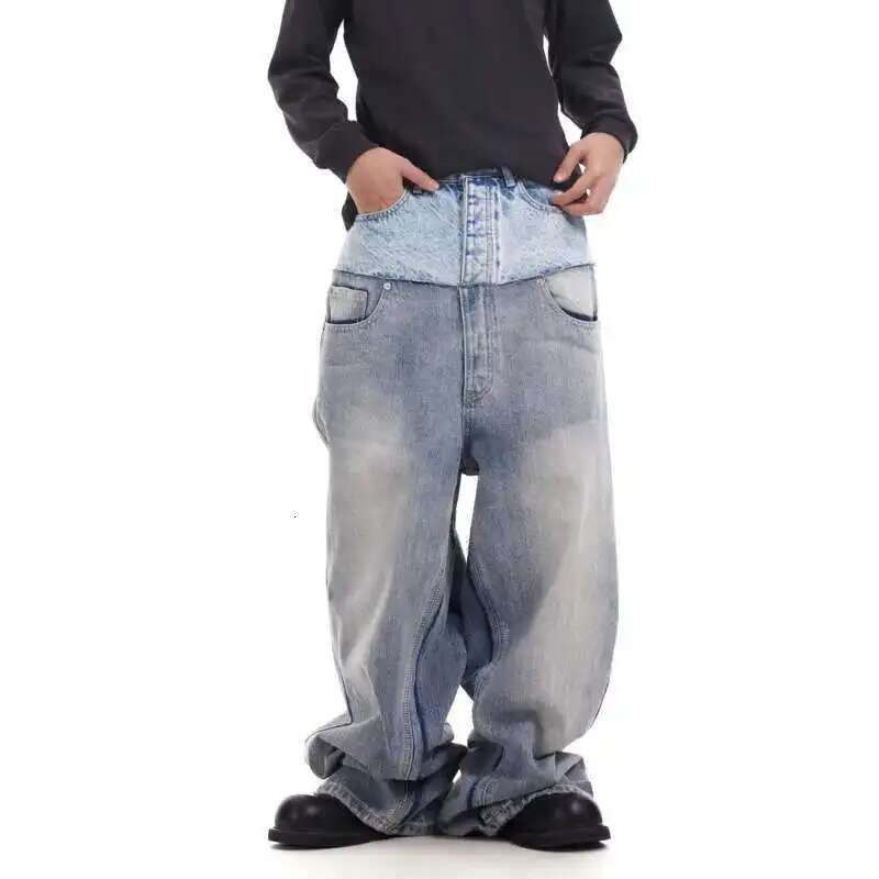 Niche Colorblock Patchwork Wide Leg Blue Jeans Men's Spring 2025 New Straight Double Waist Design Denim Trousers 28W6048